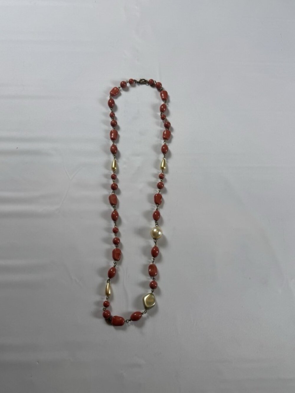 Vintage 1970s Red Coral Tone Bead Necklace Faux Pearl Accent Flapper Strand 30"